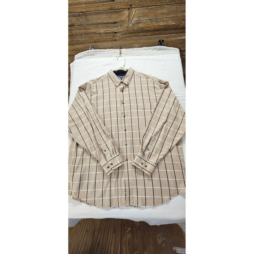 Trader Bay Mens XL Button Down Shirt Tan Herringbone Windowpane Check Cotton